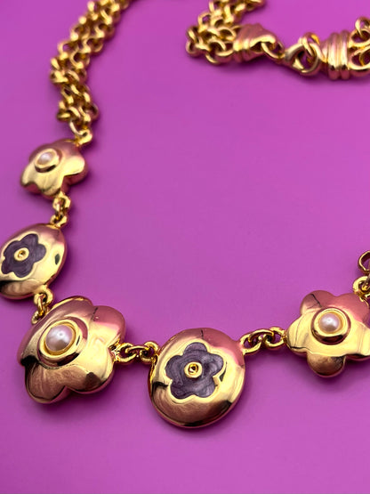 Collier doré et violet fleurs